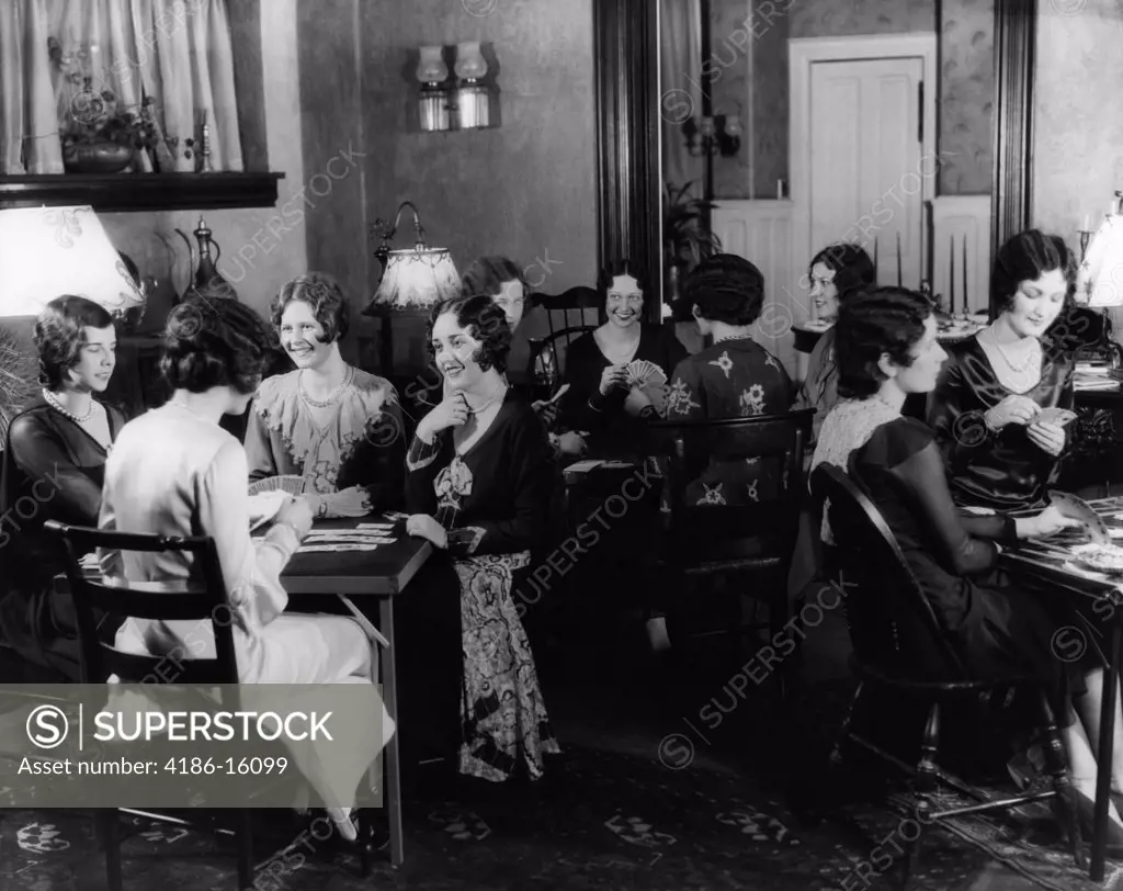 1930S Groups Of Women Seated At Three Tables At Card Party