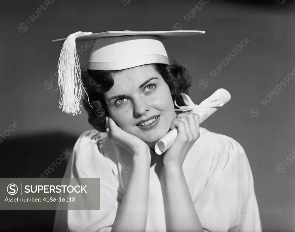 1950S Girl Woman Teen White Cap Gown Holding Graduation Diploma