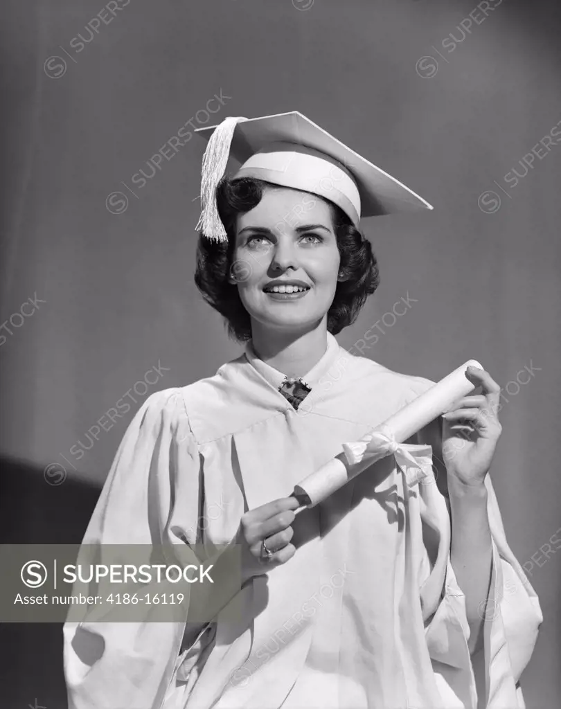 1950S Woman Teen Girl White Cap Gown Holding Graduation Diploma