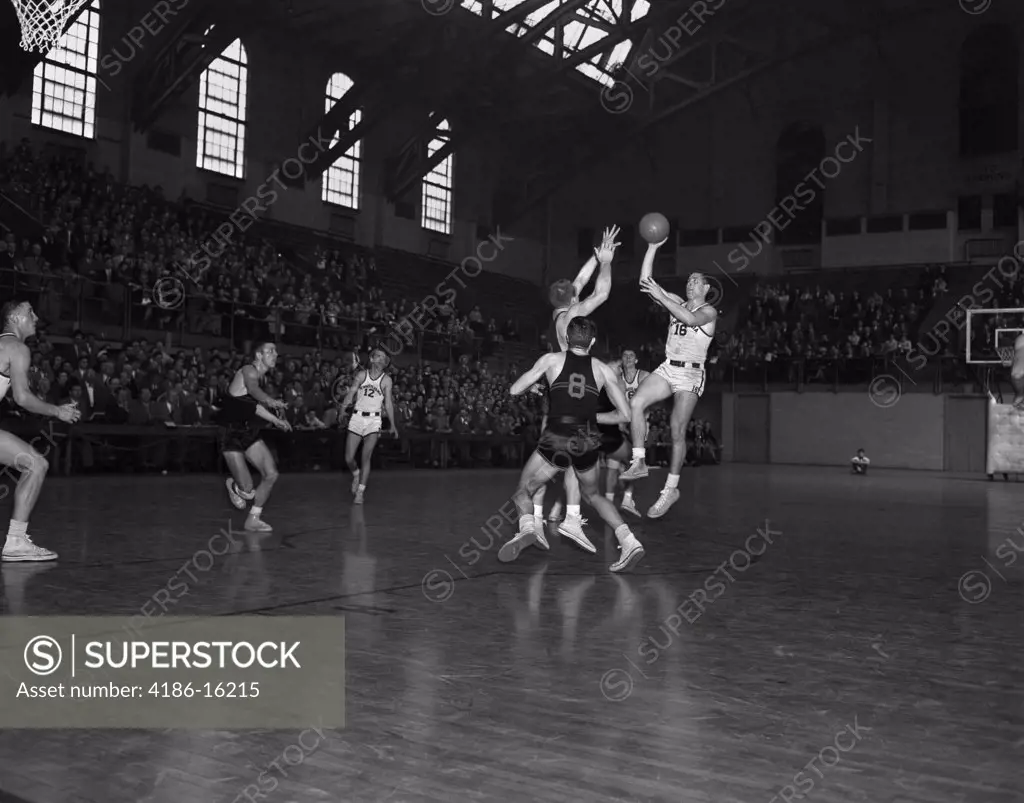 1950S College Basketball Game Jump Ball Court Gymnasium School Team Penn Versus Princeton
