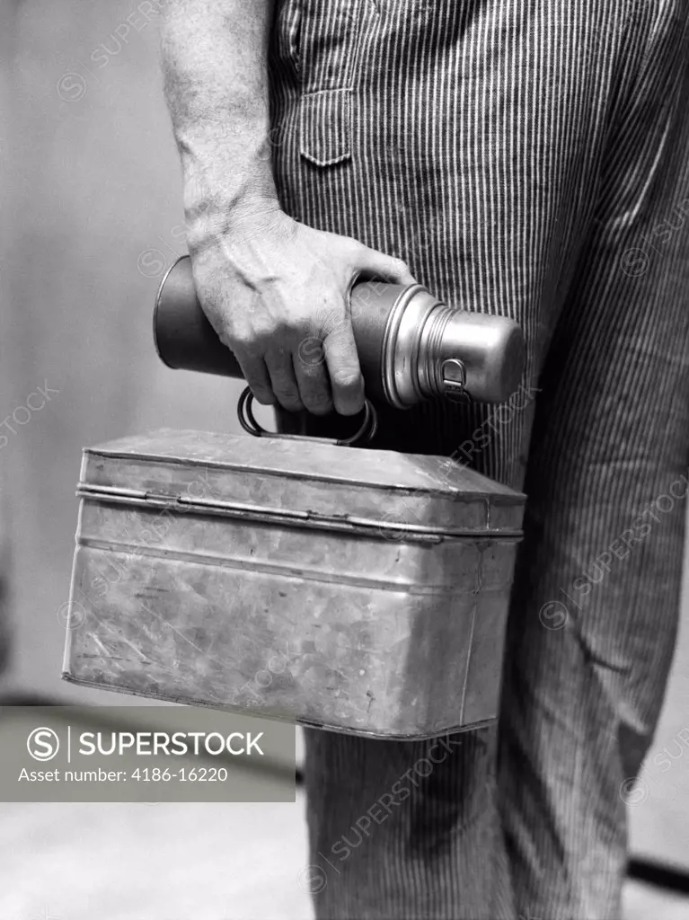 1930S Worker Man'S Hand Carrying Lunch Pail & Thermos