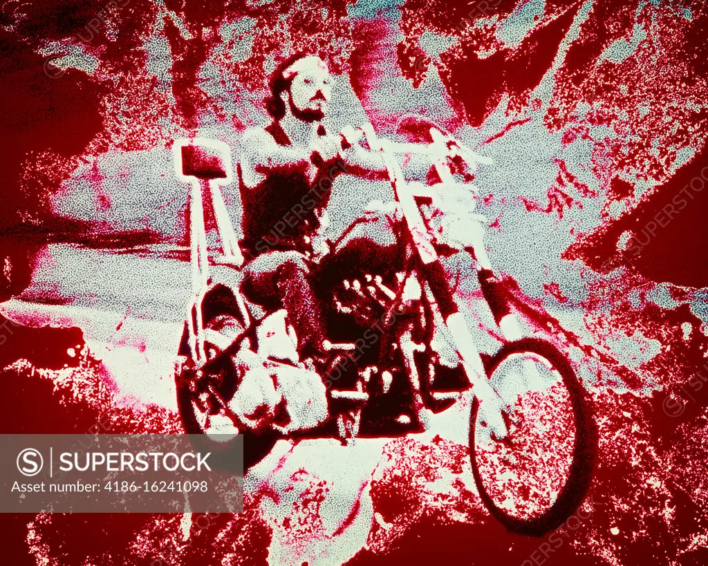 1960s 1970s MAN BIKER RIDING MOTORCYCLE SOLARIZATION GRAPHIC EFFECT AQUA BLACK RED BEARD MUSTACHE HEADBAND HARLEY CHOPPER