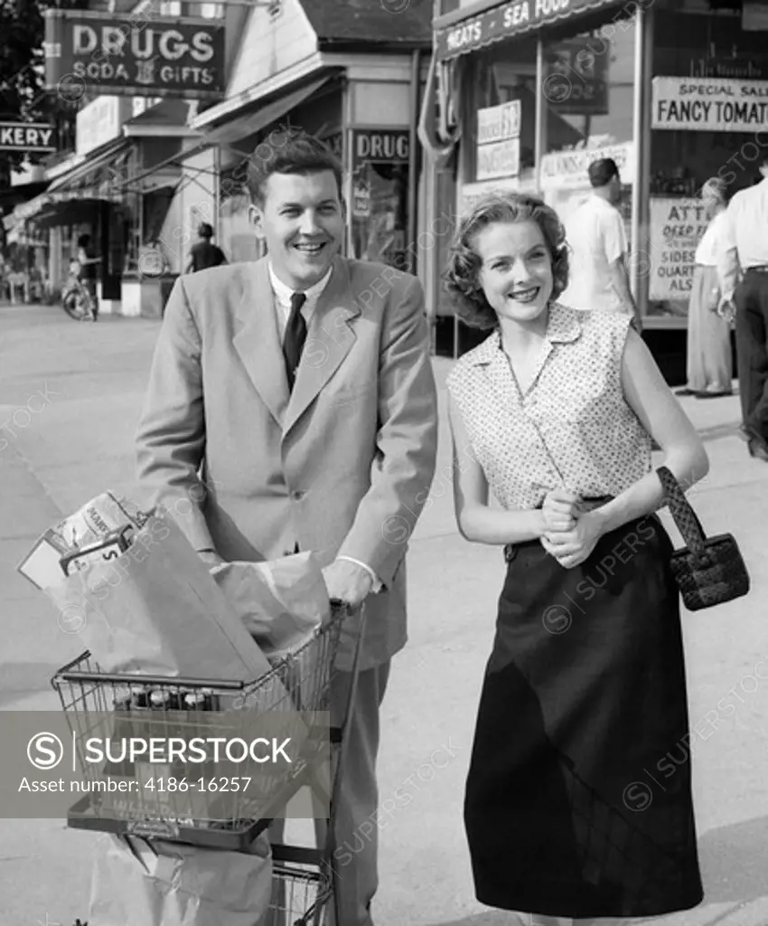 1950S Happy Smiling Couple Man Woman Pushing Grocery Cart