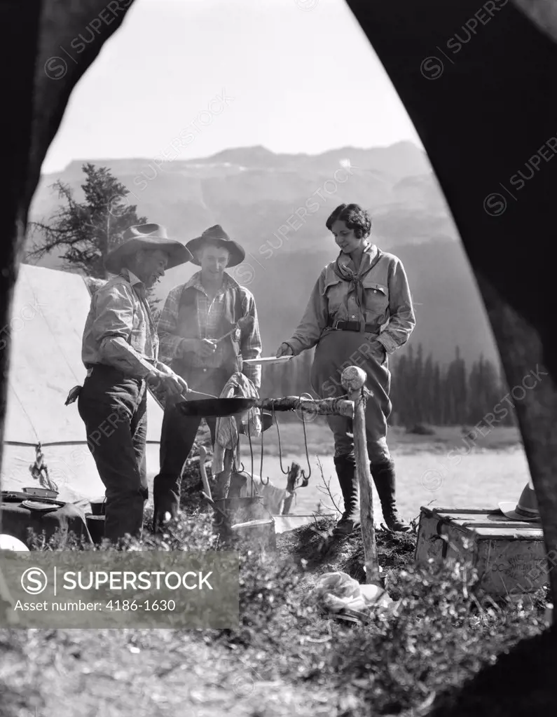 1930S Campsite Bow Lake Alberta Canada 2 Men 1 Woman Around Campfire