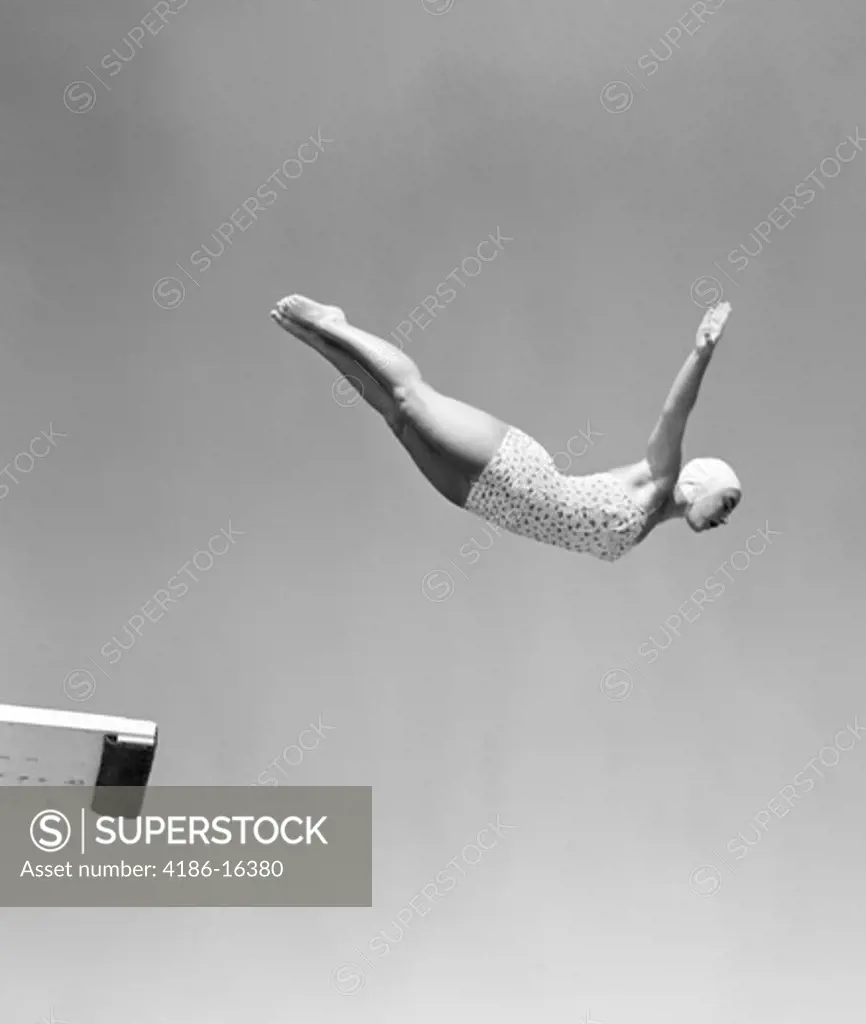 1950S Woman Swan Dive Off Diving Board One Piece Bathing Suit Cap