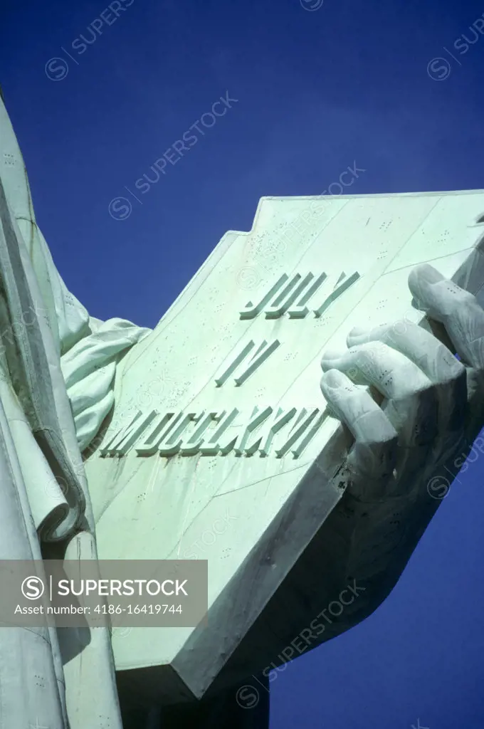 1990s STATUE OF LIBERTY CLOSE-UP OF LEFT HAND HOLDING TABLET DATED JULY 4 1776 IN ROMAN NUMERALS NEW YORK NEW YORK USA