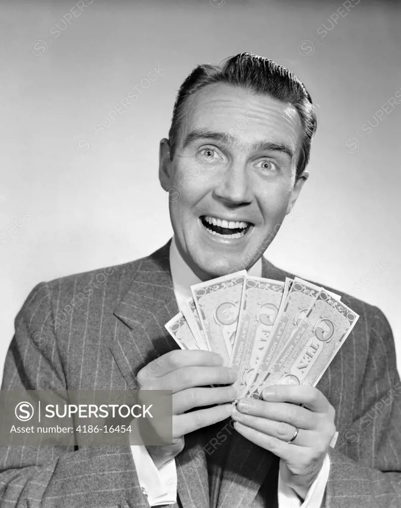 1950S Man In Suit Holding Money Exaggerated Smile