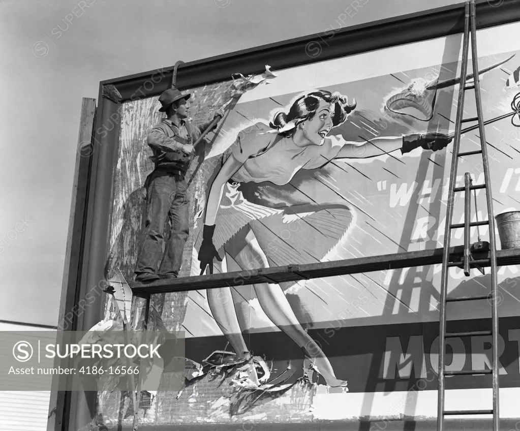 1940S Man On Scaffold Scraping Billboard With Drawing Of Woman Caught In High Wind With Skirt Up
