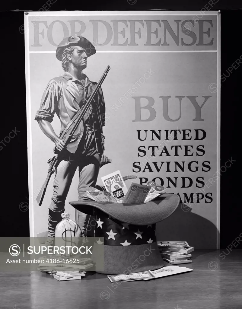 1940S Minute Man Defense Poster Ww2 Buy United States Savings Bonds Uncle Sam Hat Full Of Money War Bonds Fund Raising Patriotic