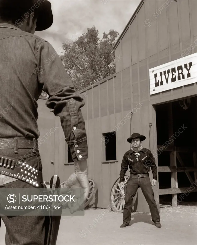 1950S 1960S Tv Cowboys In Front Of Livery Ready To Draw Pistols
