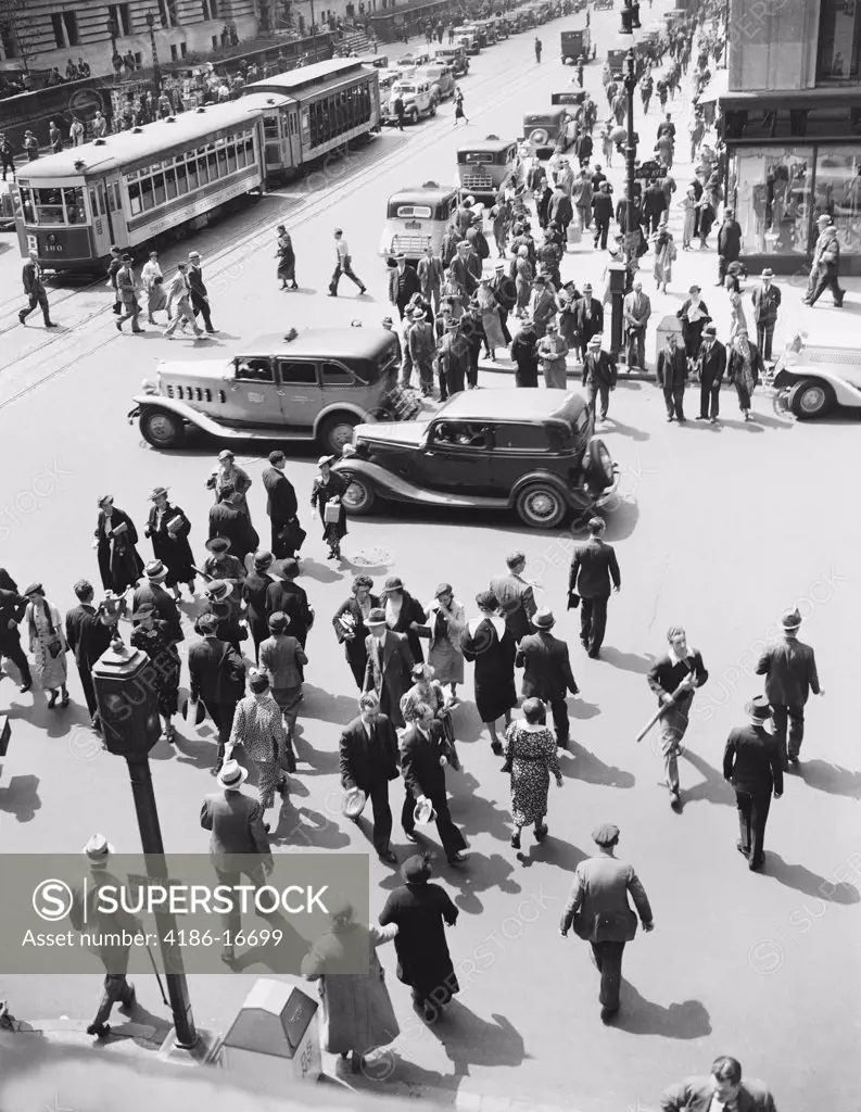 1930S Nyc Street People Pedestrians Crossing Intersection Car Taxi Trolly 42Nd Street 5Th Avenue Crowd Stop Light Sidewalk