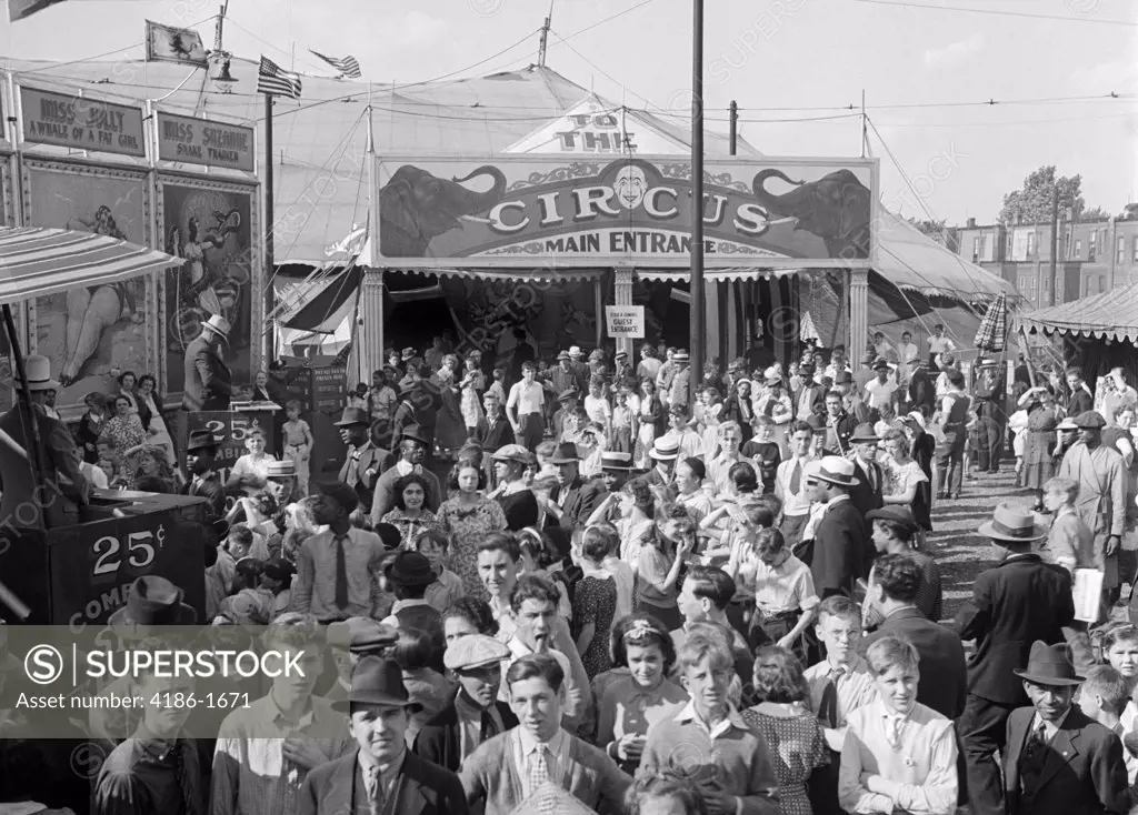 1940S Crowd Of People Men Women Outside The Entrance To A Circus Tent Midway Entertainment Fun Amusement Big Top