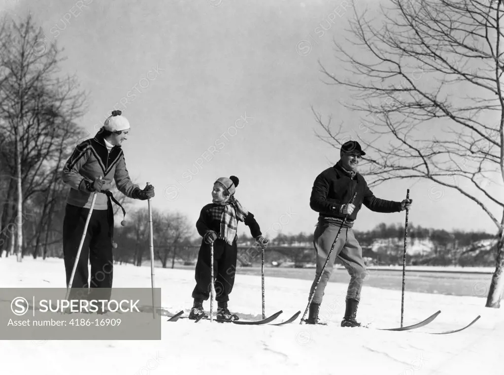 1930S Family Of Three Cross Country Skiing Mother Father Daughter