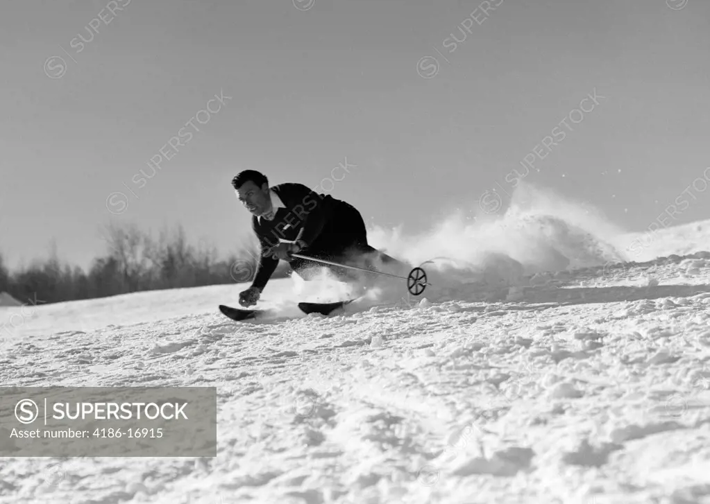 1940S Man Skiing Downhill Racing Fast Snow Flying Winter Outdoor