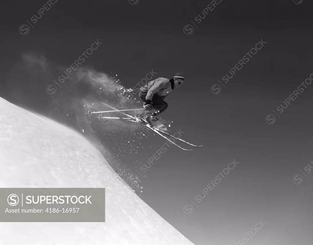 1960S Man Skiing Downhill Jumping In Air Winter Sports Ski Skis Sport Sports Snow