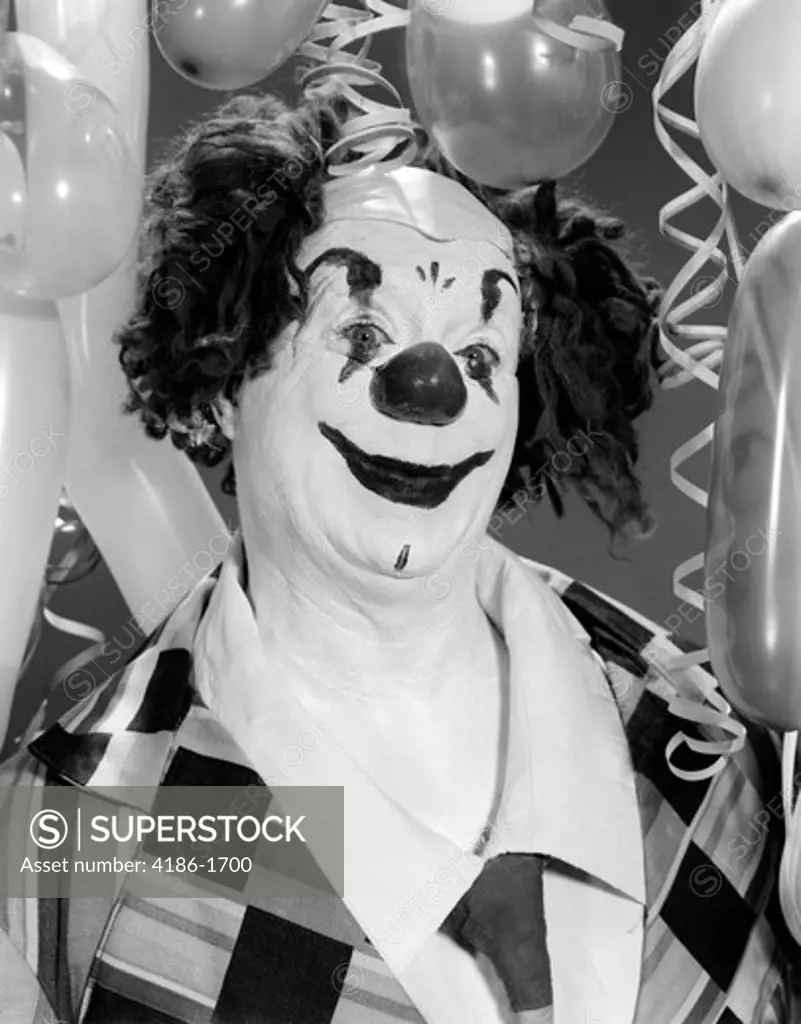 1960S Portrait Clown In Full Costume Surrounded By Balloons