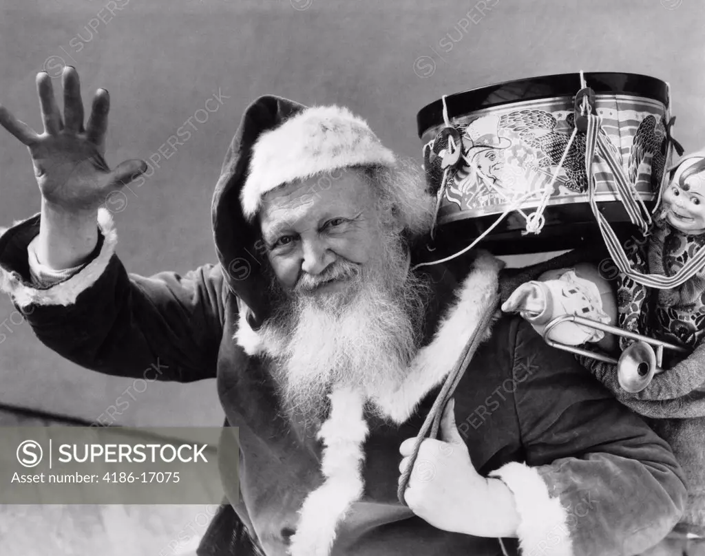 1930S Santa Claus Holding Bag Of Gifts Drum Dolls Waving