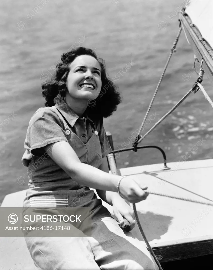 1940S Woman Sailor Smiling Sailing Boat Outdoor