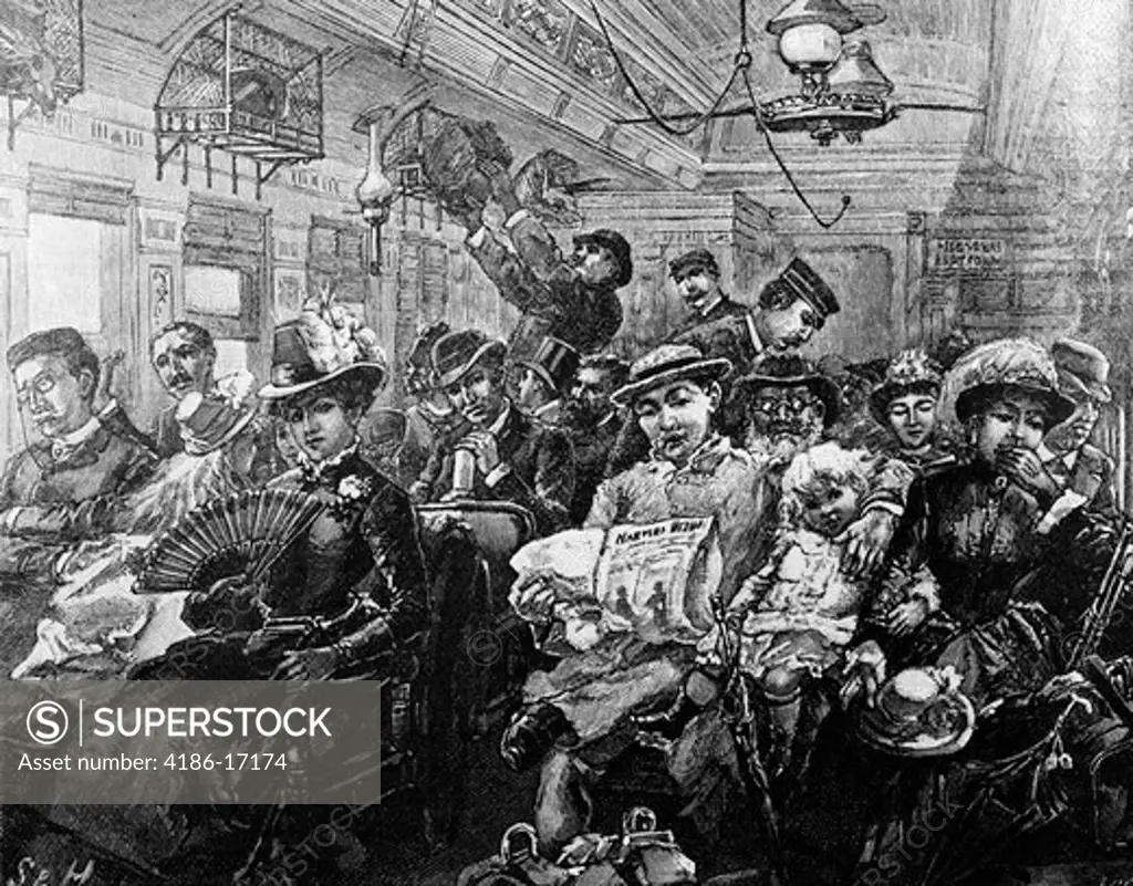 1880S Illustration Crowded Passenger Car 19Th Century Train From Harpers Magazine August 1885