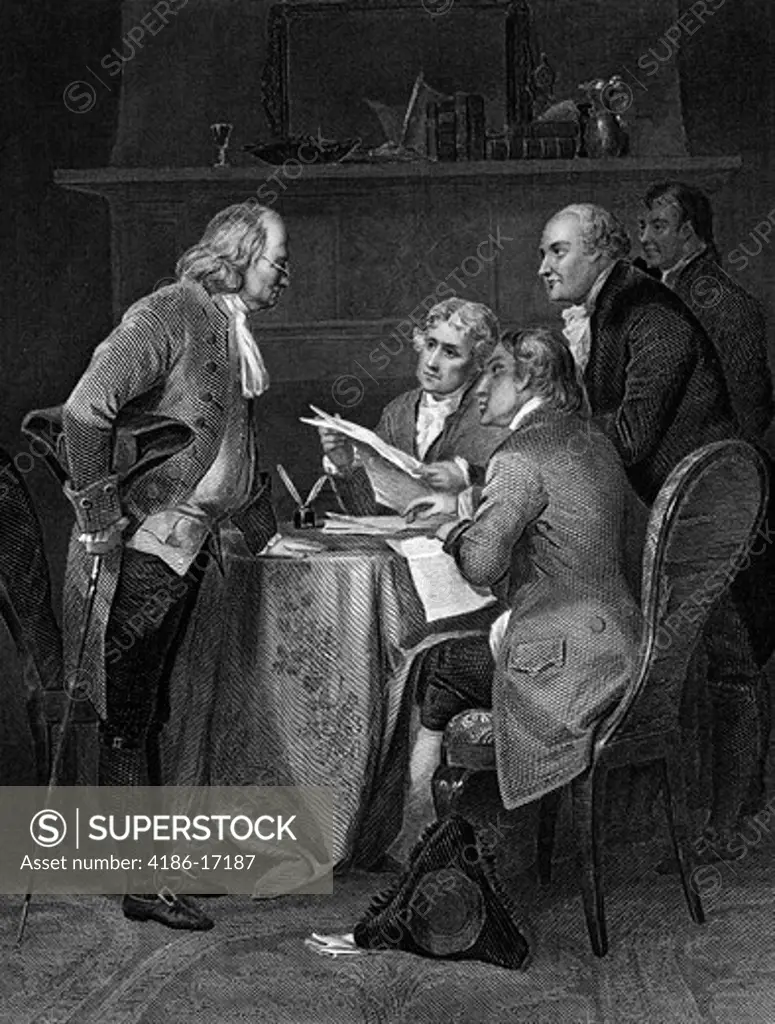 Engraving Of Franklin Jefferson Adams Livingston & Sherman Gathered Around Table Drafting Declaration Of Independence