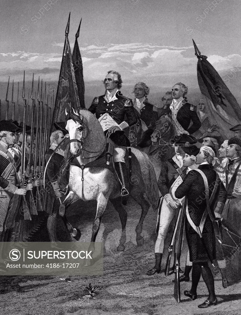 Engraving Of George Washington On Horseback Taking Command Of Continental Army