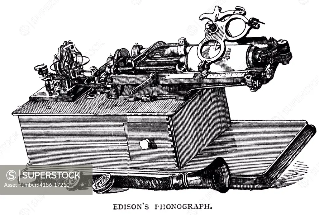 1870S Drawing Of Phonograph Invented By Thomas Edison 1877 19Th Century Stylus Cylinder For Recording Sound