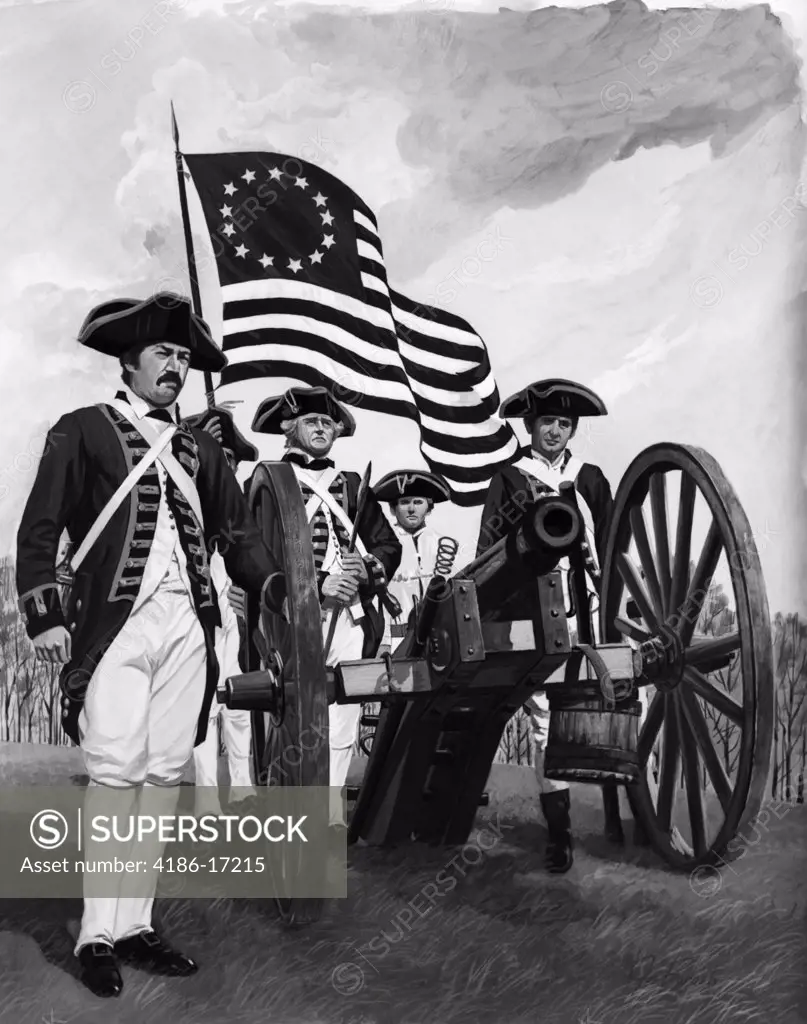Group Of Four Revolutionary War Soldiers Men Standing Around Cannon With Flag Of Original Thirteen Colonies 1776 Gun Crew