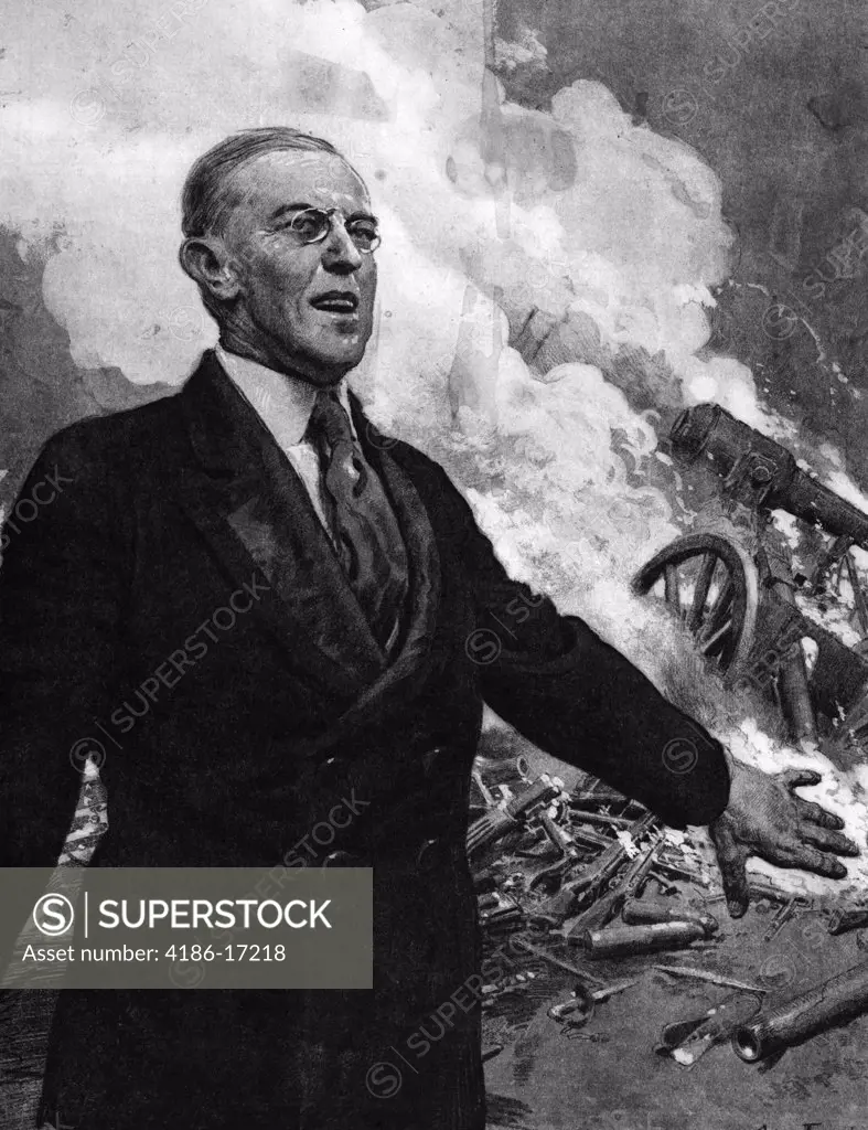 Woodrow Wilson 1856 - 1924 Standing Before Battle Scene Announcing League Of Nations 28Th American President