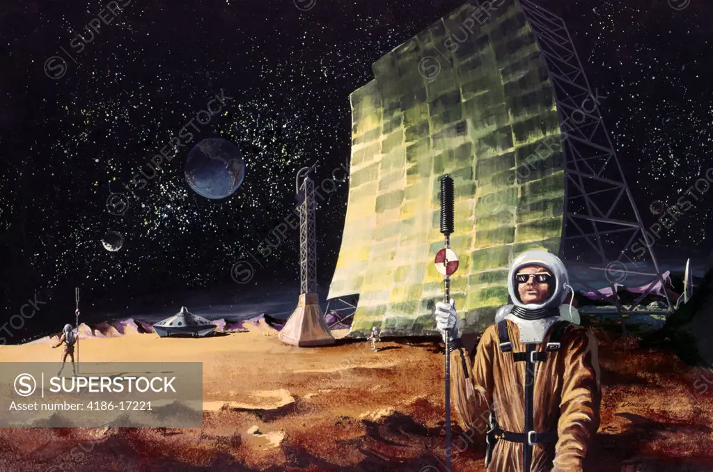 1960S Illustration Astronauts On Earths Moon Spaceman Surveyors Explorers Sci-Fi Science Fiction Fantasy