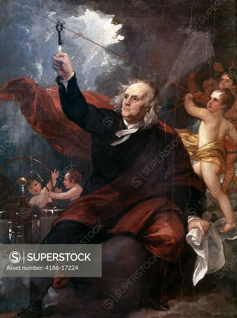 Painting Of Benjamin Franklin Touching Key Attached To Kite String In Lightning Storm Feeling Electricity Science