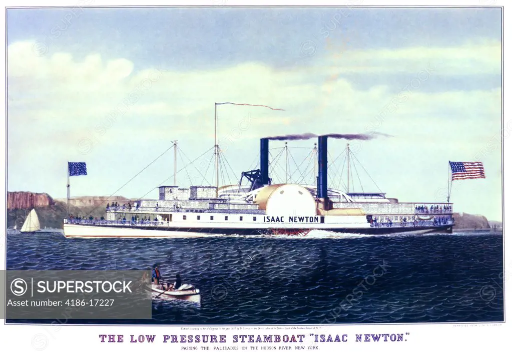 1885 Isaac Newton Early Steamboat On The Hudson River Old Lithograph By Currier