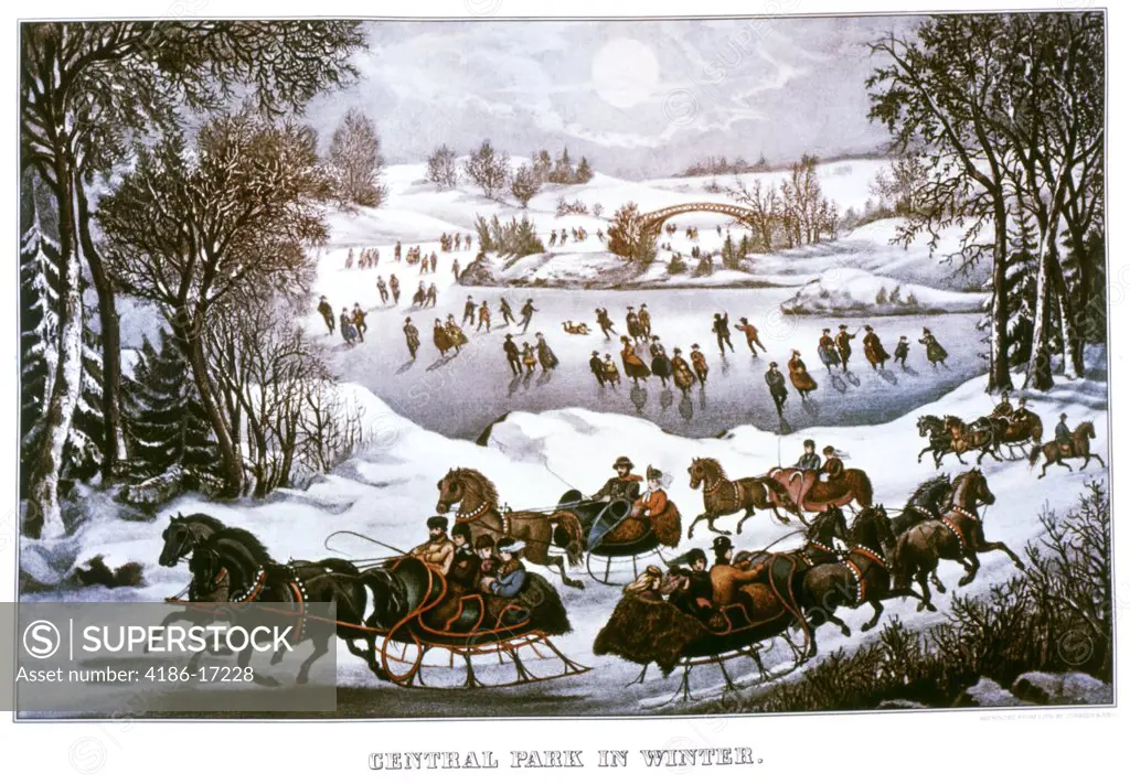1800S 1860S Central Park Winter Scene New York City People Ice Skating Horse And Sleigh Currier & Ives Lithograph