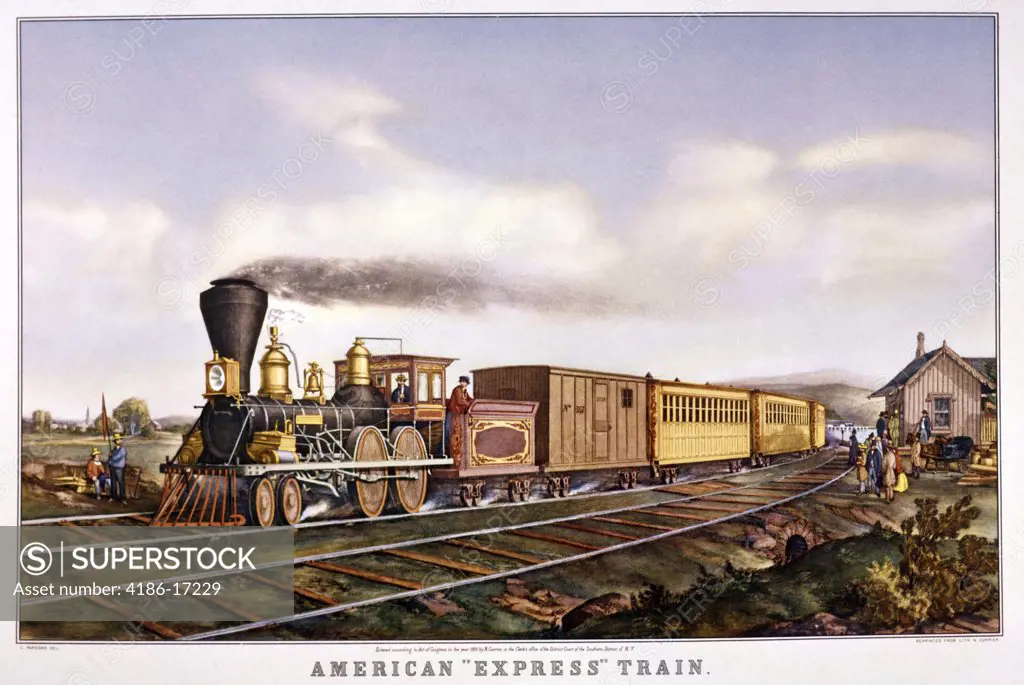Currier And Ives Lithograph Early American Express Railroad Train Steam Engine Baggage Passenger Cars