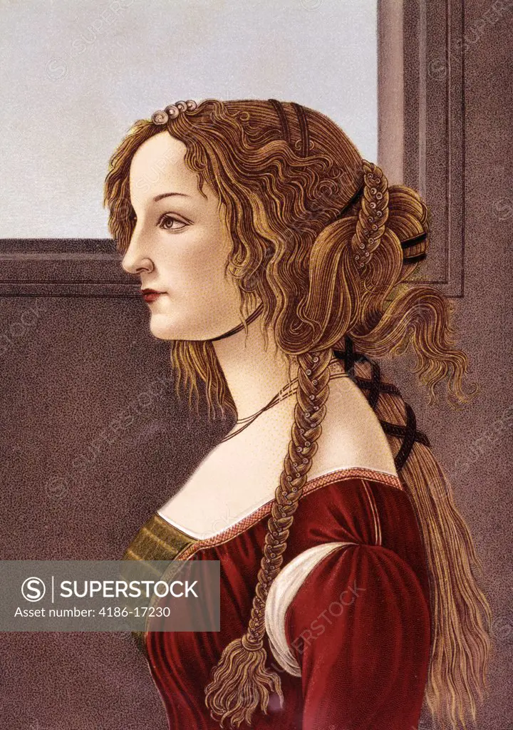 Portrait Of Young Woman By Botticelli Profile 15Th Century Renaissance Woman Red Dress Elaborate Long Hair Tresses