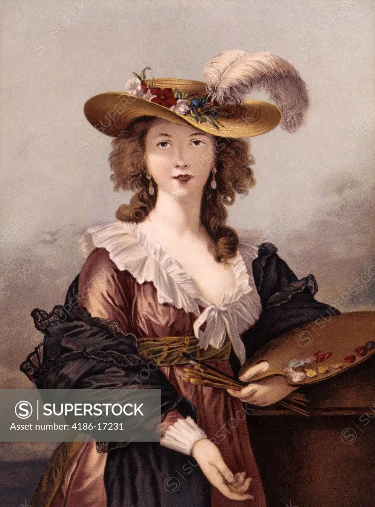 Self Portrait Of Brunin 18Th Century Woman Hold Artist Palette & Brushes Fashion Beauty Large Hat Plume