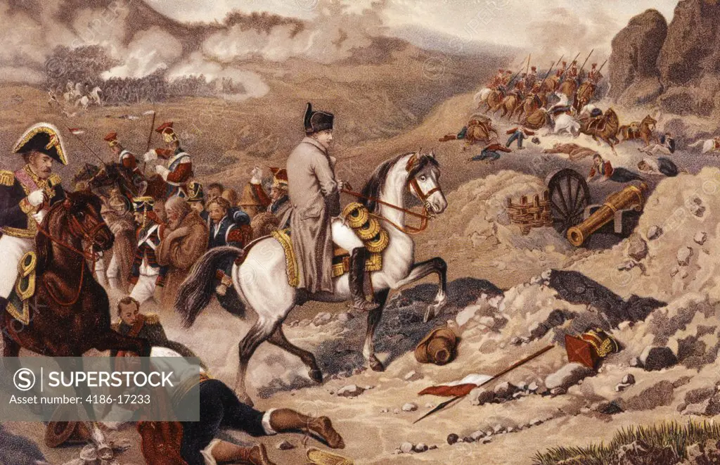 Napoleon At Somo Sierra By Bellange Riding Horse On Battlefield Derivative Postcard Version