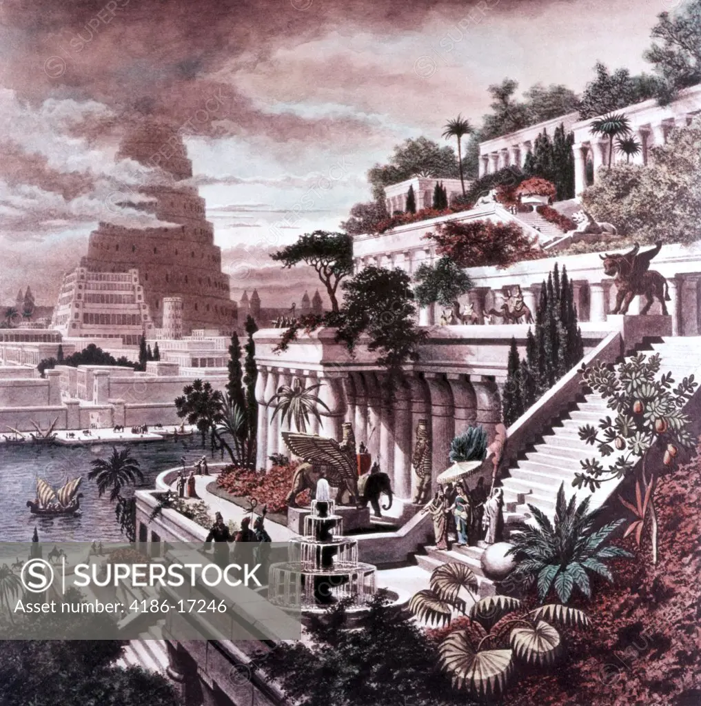 Hanging Gardens Babylon Seven Wonders Ancient World Painting Engraving By Martin Heemskerck Tower Of Babel In Background