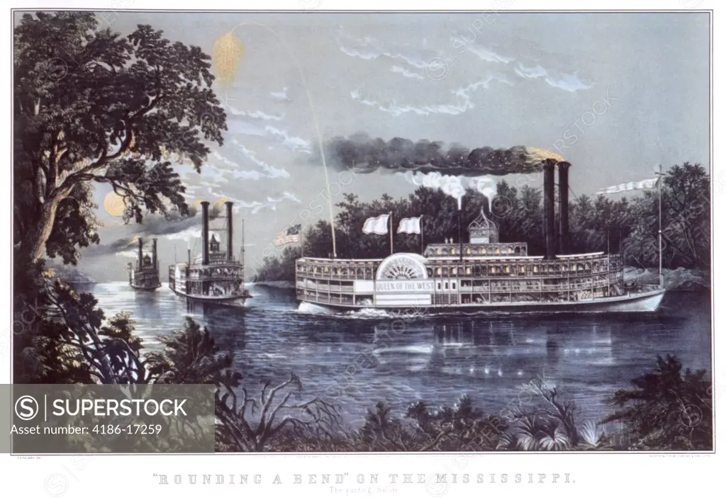 Rounding A Bend On Mississippi River Parting Salute Paddle Wheel Steamboats Currier & Ives Lithograph 1866