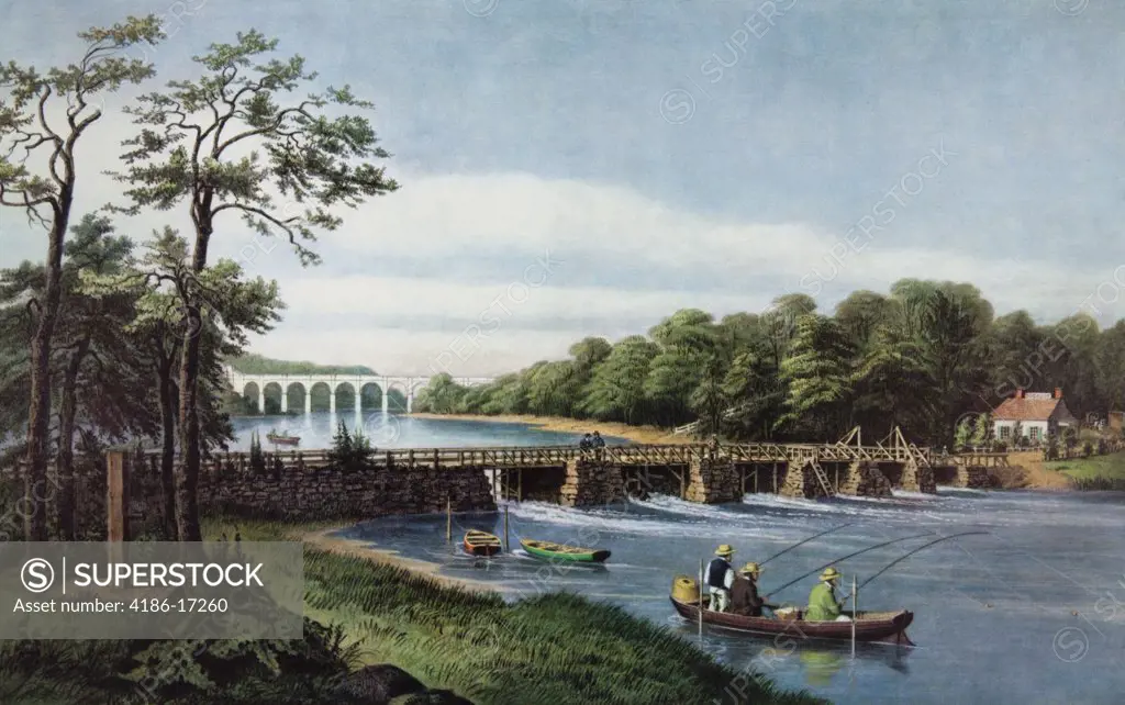 1800S Fishing At Macomb Dam Harlem River, Ny Currier & Ives Print - 1852