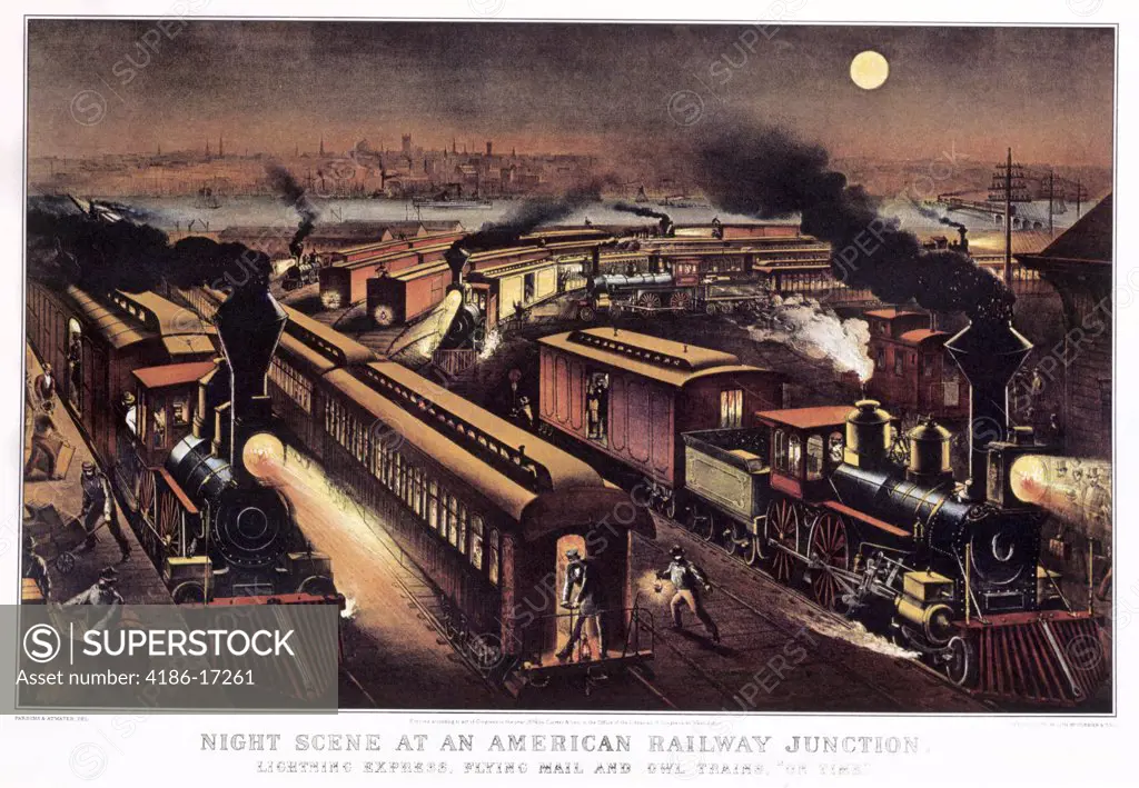 1870S 1876 Night Scene At An American Railway Junction Currier & Ives Print