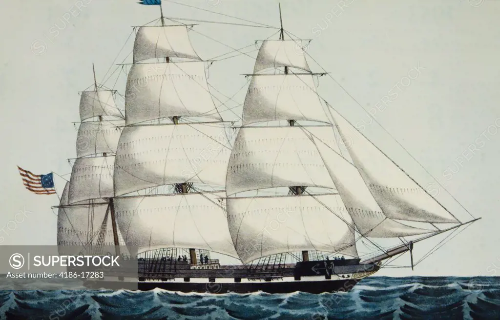 1800S 19Th Century American Clipper Ship Under Sail Currier & Ives Lithograph Outward Bound