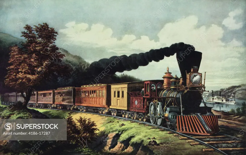 1800S 1860S Currier Ives American Express Train Spewing Dark Smoke Steam Locomotive Steamboat In Distance