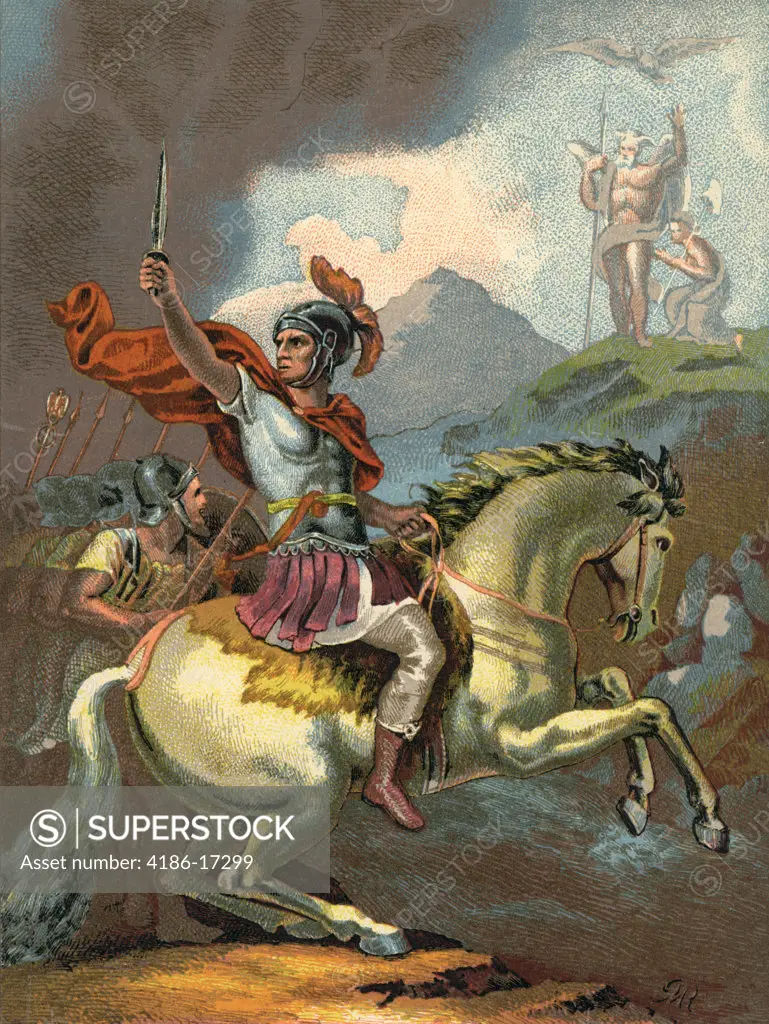 49 B.C. Roman Julius Caesar Cesar Leads His Troops From Horseback Across The Rubicon River