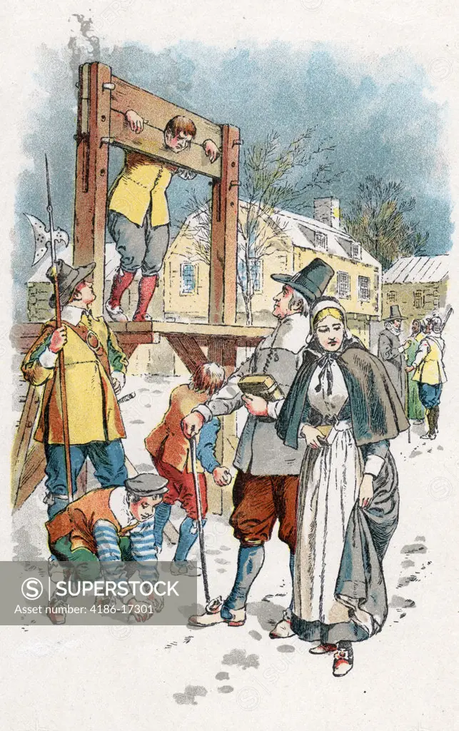 1600S Colonial New England Scene Man In Pillory Boys Throwing Snowballs Puritan Couple Walking Winter Street