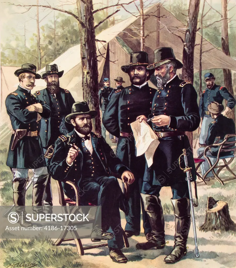 1860S 1864 American Civil War General Ulysses Grant Seated In Front Of Tent With His Line And Field Officers Staff