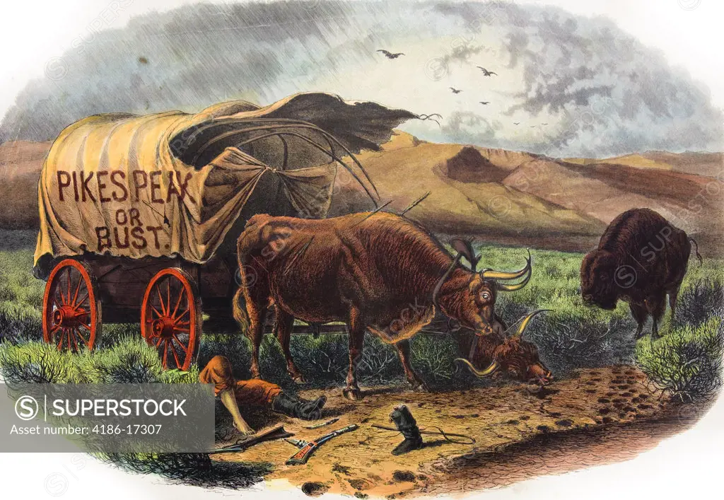 1800S 1859 Dead Pioneer Under Covered Wagon Pikes Peak Or Bust Slogan Oxen Bison Vultures Colorado Gold Rush