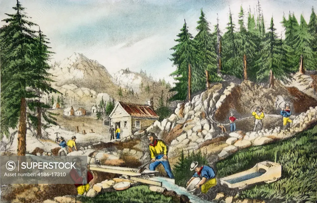 1800S Currier & Ives Color Engraving Of The Gold Mining Fields In California Circa 1848 1849