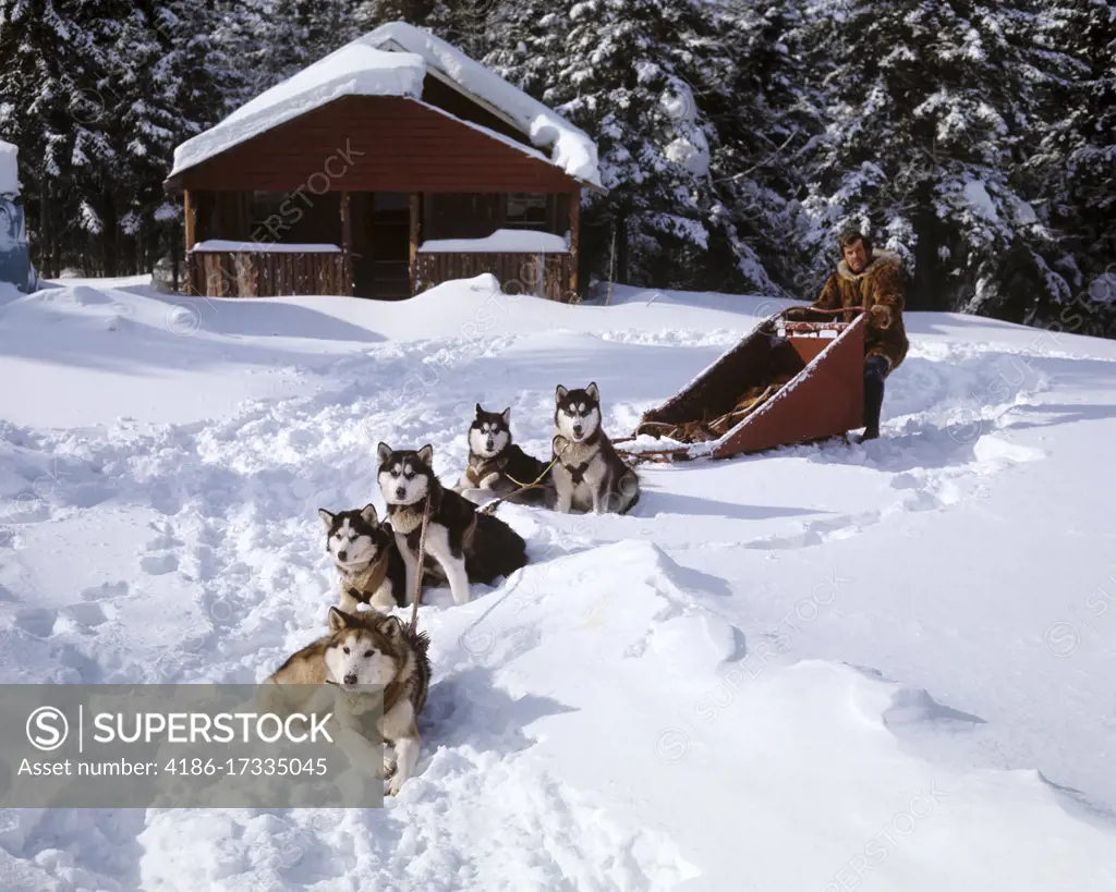 1970s MAN A MUSHER CARGO DOG SLED 5 HUSKIES DOGS TEAM READY WAITING TO GO IN WINTER SNOW SKI CHALET BUILDING IN BACKGROUND