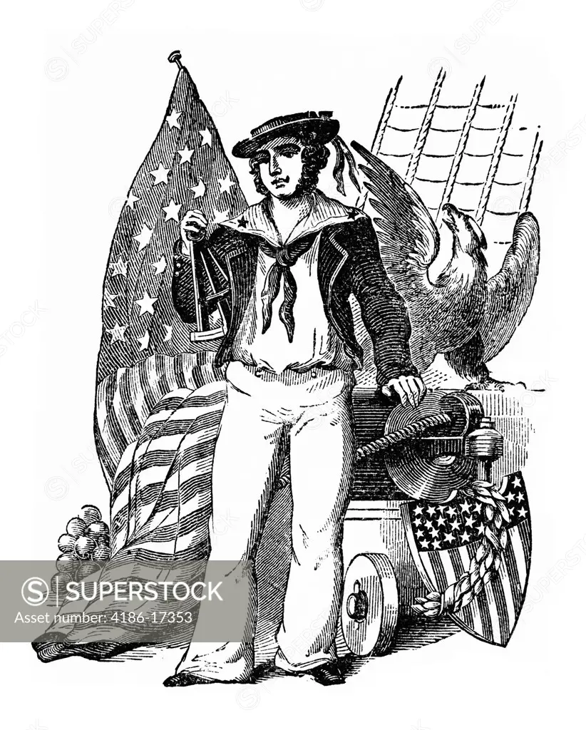 19Th Century Engraving Of Old Time Sailor Holding Sextant Next To Eagle & American Flag