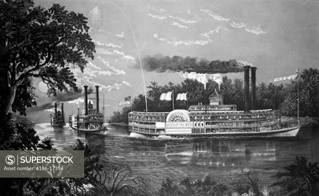 1800S 1860S Steamboats Rounding A Bend On Mississippi River Parting Salute Currier & Ives Lithograph 1866